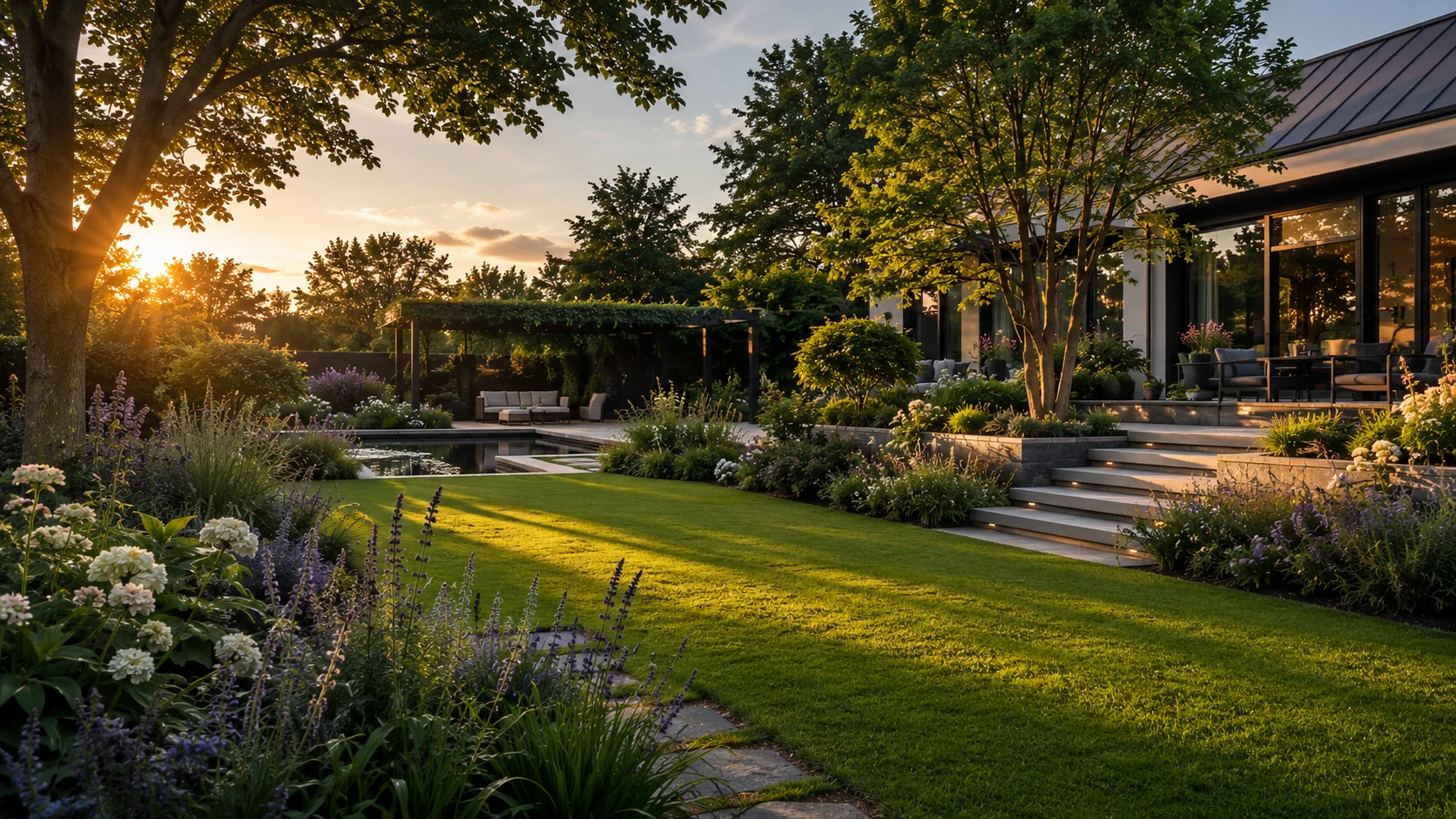 Weelderige exclusieve tuin bij avondlicht, kenmerkend voor Bloemendaal Exclusieve Tuinen