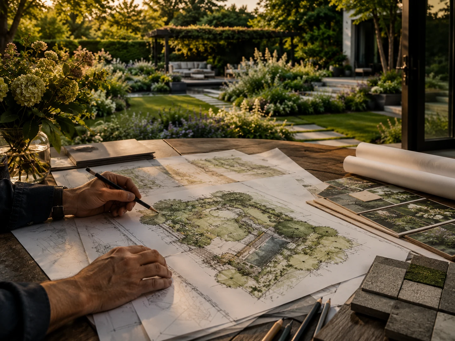 Ontwerpfase: schets en materiaalkeuze voor een exclusieve tuin