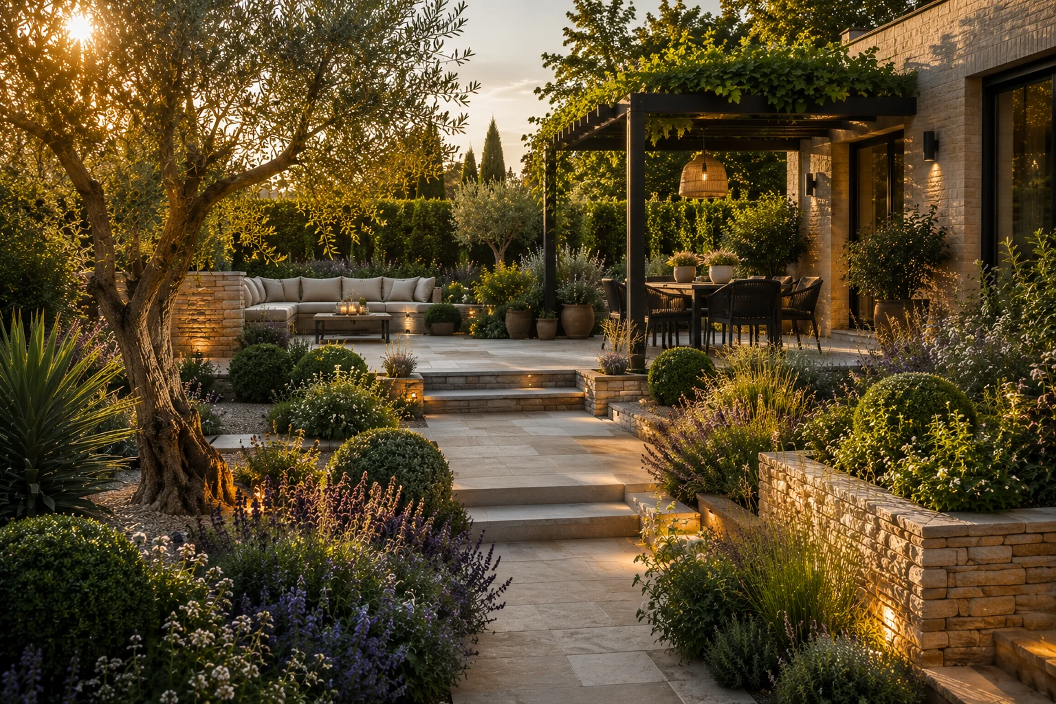 Mediterrane tuin met olijfbomen en warme tinten